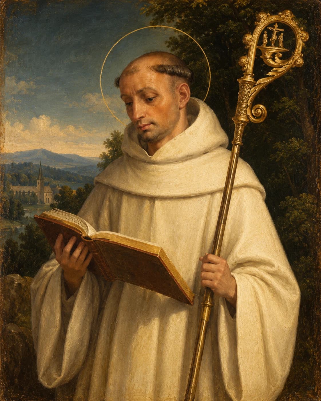 Painted portrait of St. Bernard of Clairvaux reading from an open book